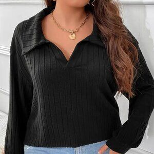 Women's Plus Size Black Oversized Ribbed Collared Breathable Sweater Top 18W